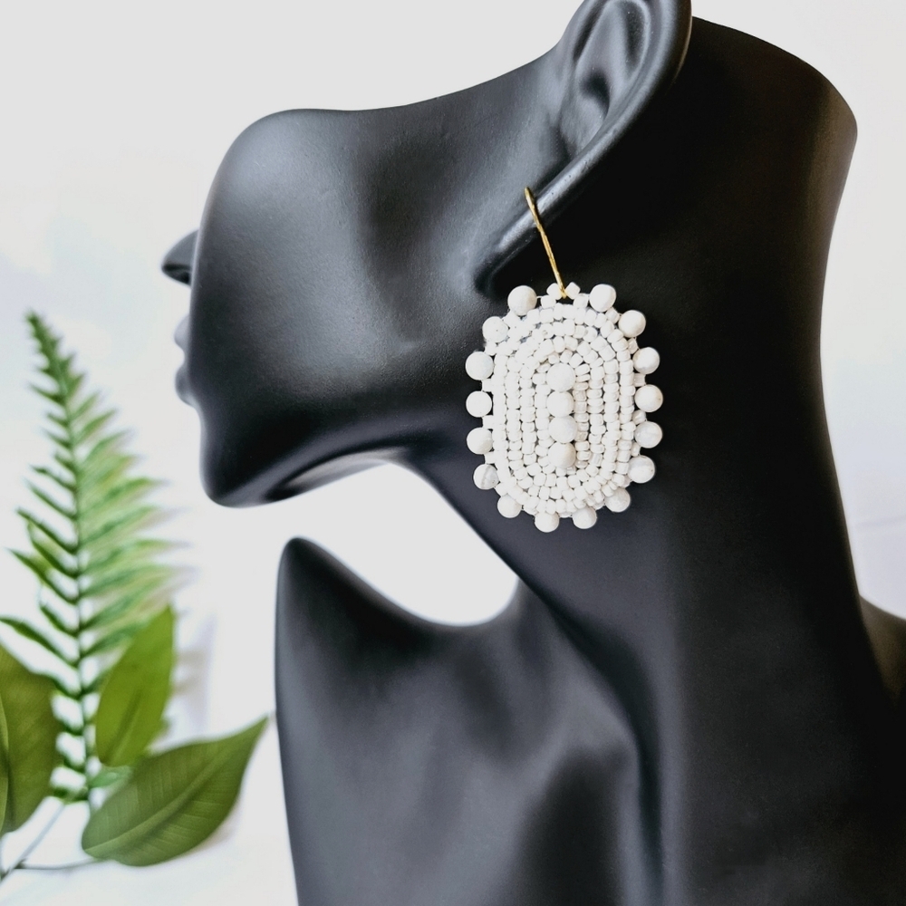 🌿 Beaded White Bohemian Shield Hoop Earrings | Handmade Indigenous Earrings
